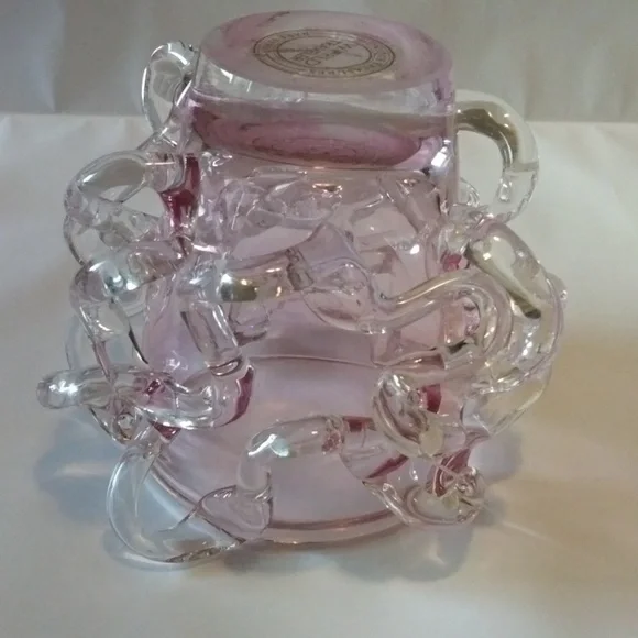 European vase Pink with clear glass heavy with beautiful details and color